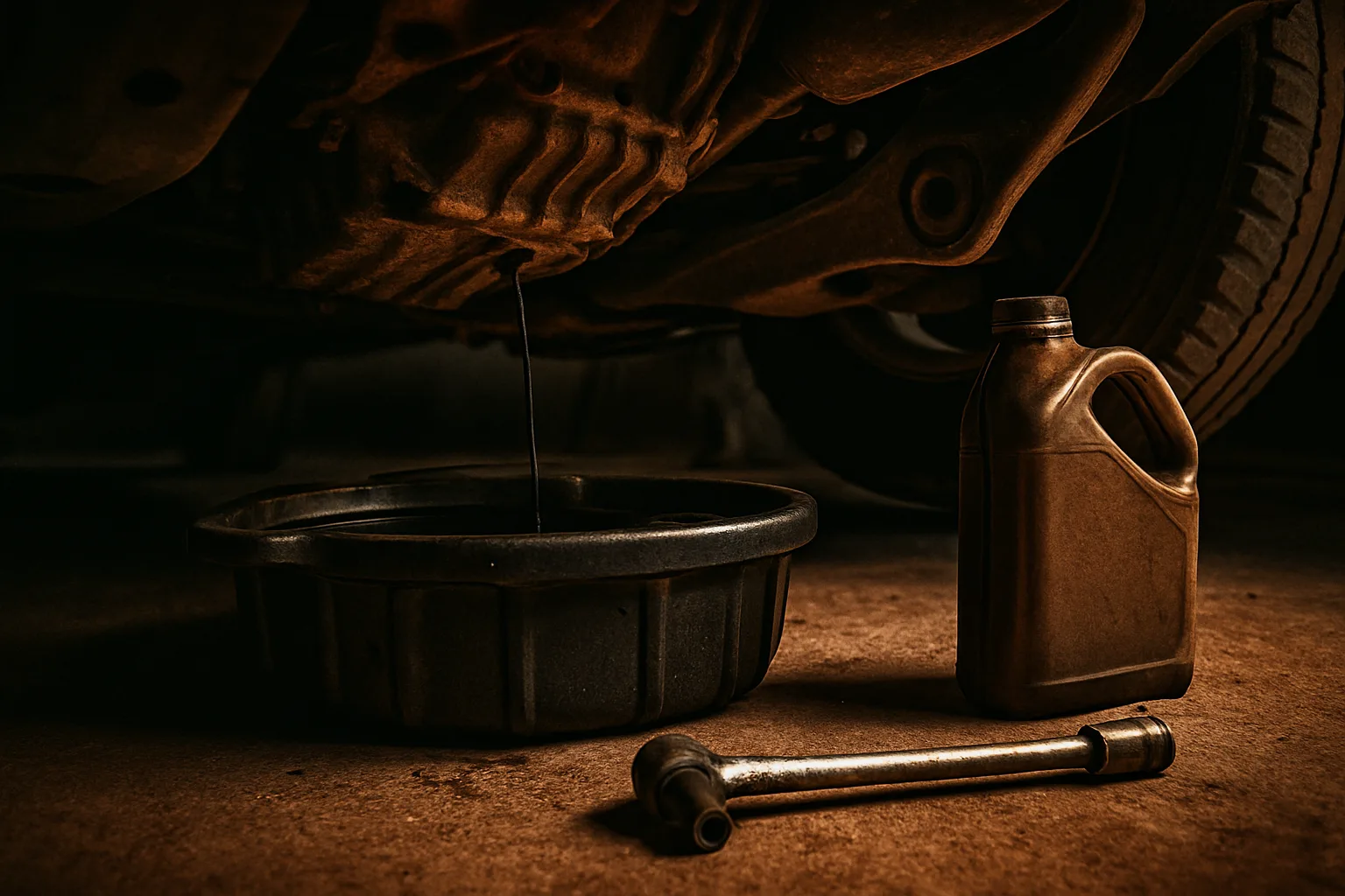 Oil change service setup with drain pan and tools.