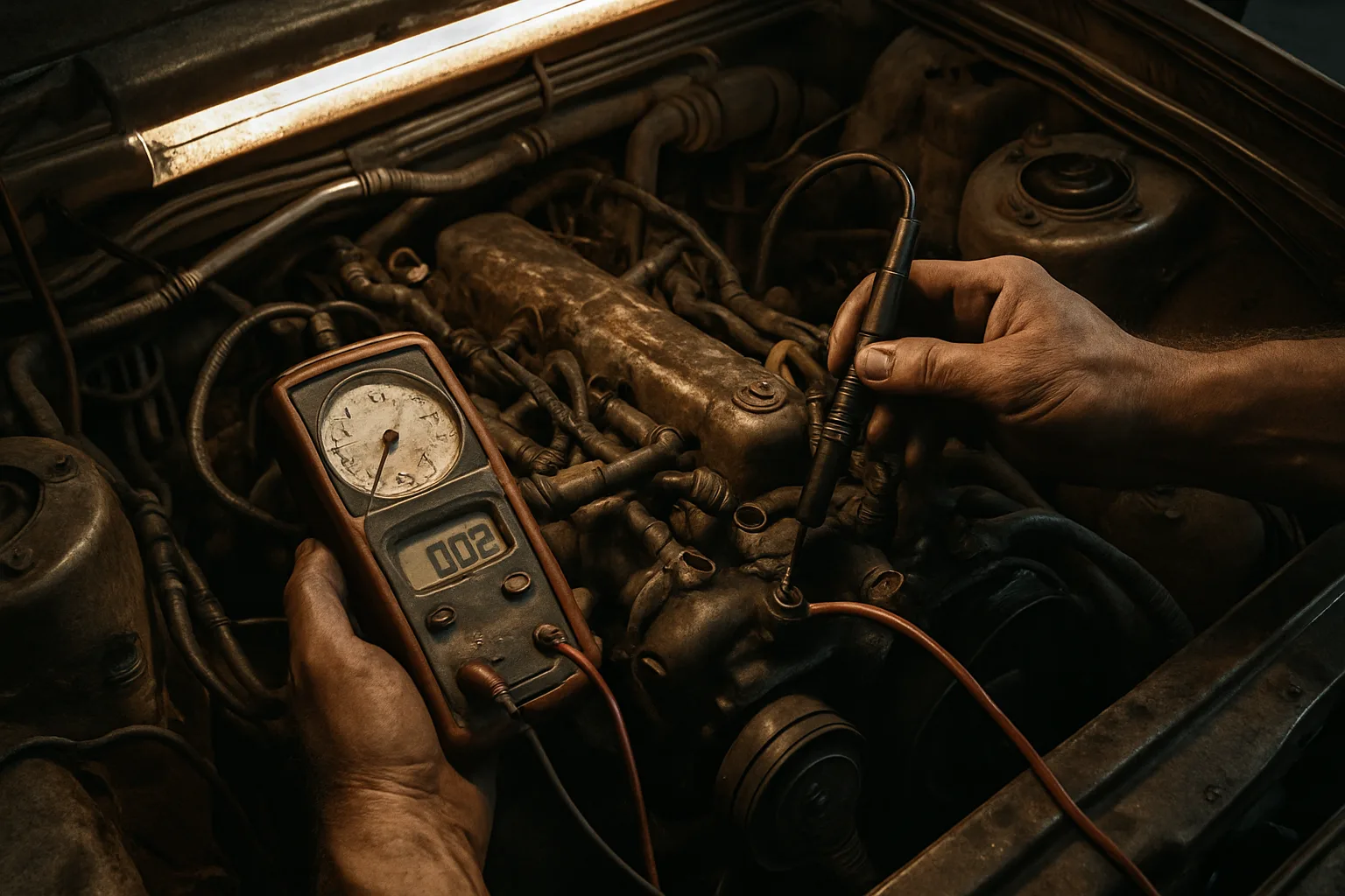Engine bay with diagnostic equipment connected for testing.