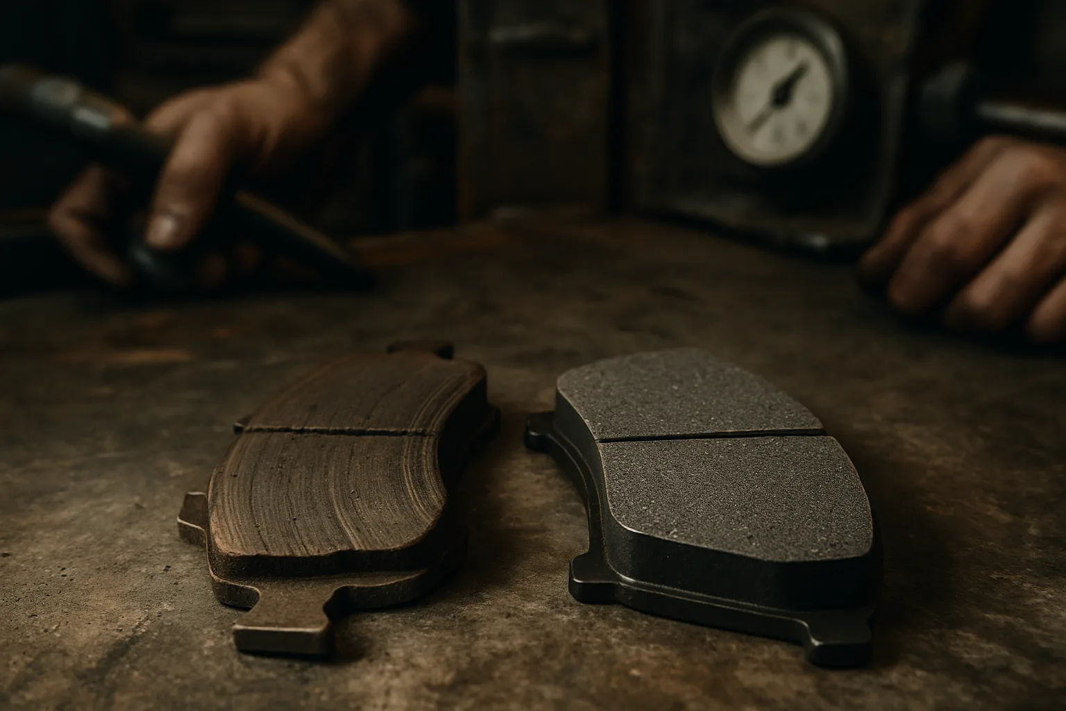 Worn and new brake pads side by side on a workbench.